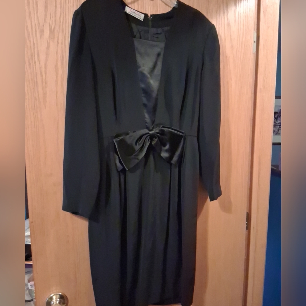 Talbots Albert Nipon Executive Dress Womens Long Sleeve Bow Waist Lined Black